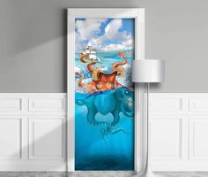 an open door with the image of octopus and pirate ship in the ocean on it