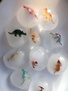 several small plastic dinosaurs sitting on top of ice in a white bowl next to each other