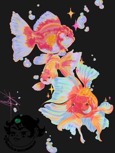 three colorful fish are swimming in the dark water with bubbles and stars on it's side