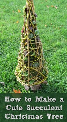 a tree made out of vines and rocks in the grass with leaves around it on the ground