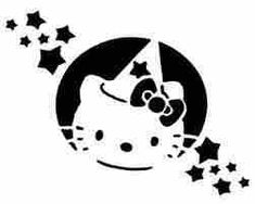 a black and white image of a hello kitty with stars around her head, in the shape of a circle