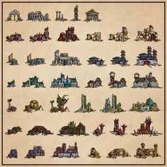 an image of a large group of buildings in different sizes and colors on parchment colored paper