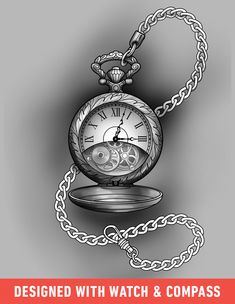 a black and white drawing of a pocket watch with chain around the neck, on a gray background