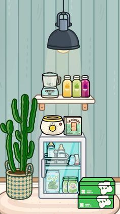 an illustration of a refrigerator with food in front of it and a cactus next to it