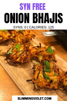 an image of onion bhajis on a cutting board with text overlay