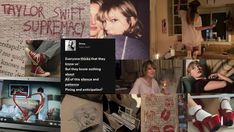 the collage has pictures of people in different rooms and words written on them, including an advertisement for taylor swift's shoes