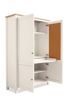 a white cabinet with an open door on the top and bottom shelf is shown against a white background