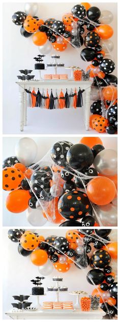 an assortment of halloween decorations and balloons in black, orange and white colors with polka dots