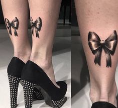 two pictures of legs with bows and heels on each leg, one has a bow tattoo