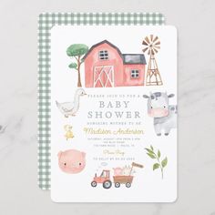 a baby shower card with farm animals and barn