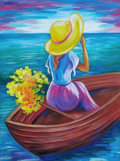 a painting of a woman sitting in a boat on the water with flowers and a straw hat