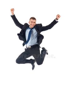 a man in a suit and tie jumping up into the air