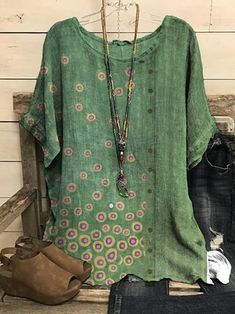 JFN Round Neck Floral Vacation Tunic Tops | justfashionnow Linen Tunic Tops, Coat Pocket, Floral Sleeve, Vintage Short, Linen Tunic, Vintage Casual, Boho Casual, Vintage Shorts, Neck Pattern