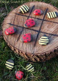 painted rocks are arranged in the shape of ladybugs on a piece of wood