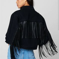 Black Denim Cropped Faux Suede Fringe Jacket [Body: 82% Cotton, 18% Polyester; Trim: 55% Cotton, 45% Polyurethane] [Machine Wash Cold With Like Colors, Use Gentle Cycle, Do Not Bleach, Hang To Dry, Iron Low On Reverse Side, Do Not Iron On Trim] Chic Black Denim Jacket For Fall, Black Fringe Outerwear For Winter, Chic Black Denim Jacket, Black Fringed Outerwear For Winter, Black Leather Jacket With Fringe For Spring, Black Fringe Outerwear, Spring Fringe Biker Jacket, Black Fringe Long Sleeve Outerwear, Long Sleeve Biker Jacket With Fringe For Spring