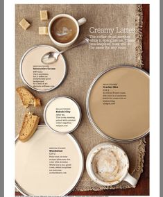 an advertisement for creamy latte with coffee and cookies