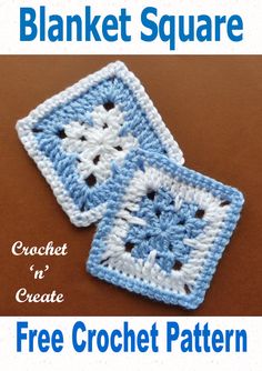 two crocheted squares with the words blanket square on top of each one in blue and white