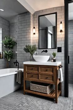 a bathroom with a sink, mirror and bathtub