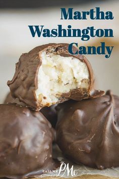 chocolate covered marshmallows are stacked on top of each other with the words martha washington candy