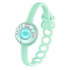 a green bracelet with a light blue button on the front and an attached ring around it