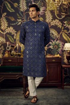 Navy blue georgette kurta with chikankari, thread and sequins embroidery. - Aza Fashions Georgette Kurta, Kurta For Men, Kurta Patterns, Kurta Men, Sequins Embroidery, Mandarin Collar, Aza Fashion, Types Of Sleeves, Custom Made