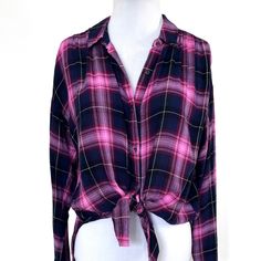 Good Luck Gem Blue Pink Magenta Plaid Button Down Shirt. Lighter Weight Than Flannel, This Rayon Oversized Button Down Has Long Sleeves, Side Vent Hem, Long Hem Can Be Tied In Front. Bright Fun Colored Plaid. Get The Look Of Flannel Without The Weight Size Xs Oversized Approx 23.5" Flat Across Underarms, 24" Long New With Tag Pink Button-up Shirt For Day Out, Casual Pink Button-up Shirt, Casual Pink Blouse With Button Closure, Pink Casual Shirt With Button Closure, Trendy Pink Blouse With Button Closure, Casual Pink Shirt With Button Closure, Pink Tops With Button Closure For Day Out, Pink Button-up Tops With Button Closure, Trendy Pink Button-up Top