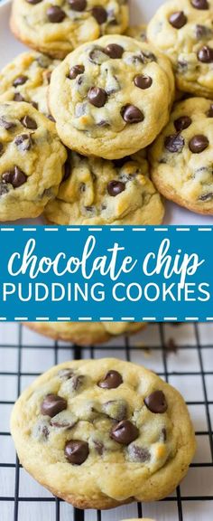 chocolate chip pudding cookies on a cooling rack with the words, chocolate chip pudding cookies