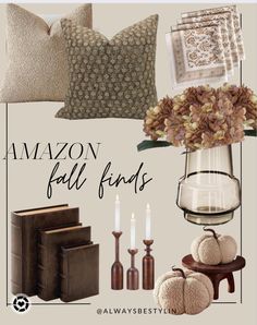 a collage of pillows, vases and other items with the words amazon fall finds