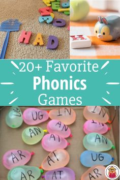 the words and numbers are displayed in this collage for phonics games, including letters