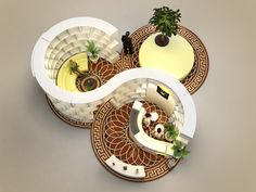 an aerial view of a living room and dining area in a house with circular stairs