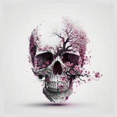 a skull with pink flowers on it's head is shown in this artistic photo