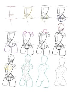 how to draw female torsos with different angles and shapes for each body, from the top