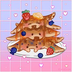 Kawaii stack of three manta ray shaped pancakes drizzled in syrup with strawberries and blueberries on a white plate. Some cute sparkles and sparkley hearts add to the pastel blue and pink gradient background. The background also has an aesthetic white grid, with a pink toned shadow. Kawaii Pancakes, Pancake Aesthetic, Pancake Art, Pancake Stack, Kawaii Illustration, Manta Ray, Fun Texts, Easy Baking Recipes