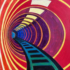 an oil painting of a train track going through a tunnel with colorful colors on it