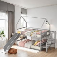 a child's bedroom with bunk beds and slide