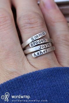 Give this sterling silver name ring as the perfect Mother's Day gift. Click through to personalize yours. Ring For Mom, Ring Name, Double Rings, Mothers Ring, Hand Stamped Ring, Silver Wrap Ring, Mom Ring, Stamped Rings, Name Ring