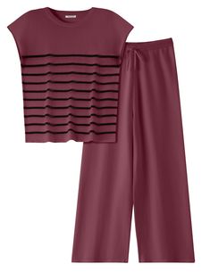 PRICES MAY VARY. High-Quality 2 Piece Lounge Sets: Made from a mix of 48% viscose,28% polyester and 24% nylon. This lounge sets for women is skin friendly,lightweight, warm,soft, Two piece sets for women and ideal as pj set for all day wear in spring, fall, and winter Striped Sweater Top: This 2 piece sweater outfits for women features a pullover striped top with cap sleeves,crew neck sweatershirt.Paired with matching shorts, skirts, jeans, leggings, or pants, offering both comfort pjs set and chic street look. Wide Leg Pants: The sweater pants set for women features an elasticate waistband with drawstring,design convenience. Ideal for daily wear lounging,pants sets women 2 piece outfits,travel outfits,matching loungewear or pajama sets for home relaxation Occasions:Whether you're looking Sweater Outfits For Women, Spring Clothes For Women, Sweater Lounge Set, Lounge Sets For Women, Look Wide Leg, 2 Piece Sweater, Womens Matching Sets, Knit Lounge Set, Pjs Set