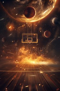 a basketball hoop in the middle of a wooden floor surrounded by planets and stars, with an orange glow coming from it