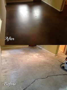 before and after photos of an empty living room with hard wood flooring in place