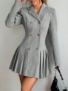 Women's Casual Double-Breasted Pleated Overcoat, Fall/Winter Dark Grey Elegant  Long Sleeve Woven Fabric Plain Regular Non-Stretch  Women Clothing, size features are:Bust: ,Length: ,Sleeve Length: Fall Coats For Women Classy, Coats For Women Classy, Coat Dresses For Women, Elegant Winter Dresses, Fall Coats For Women, Fall Coats, Winter Dark, Wool Coat Women, Women's Outfits