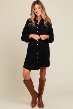 Details Content + Care 97% Cotton 3% PolyesterImport Size + Fit Product Code: 104840Model Stats: Height: 5'8"Bust: 32"Hips: 31"Wearing Size: Small Button Down Dress, Maternity Clothes, Over 50, Button Downs, Cuff, Black