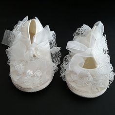 Beautiful Little Shoes That Holds There Shape Lace All Around Shoes And On Toes. Organza Bow Ties. 2 Little Flowers On Toes. Absoutely One Of A Kind. 4.3 Inches From Heel To Toes. White Lace-up Booties With Soft Sole, White Non-slip Booties With Round Toe, Baptism Booties With Soft Sole And Round Toe, White Soft Sole Booties For First Birthday, Cute Round Toe Booties For Baptism, Cute Booties For Baptism, Cute Closed Toe Summer Booties, White Booties For First Birthday In Spring, White Booties For First Birthday Spring