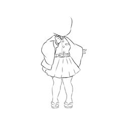 a black and white drawing of a girl in a dress with a coat over her shoulders