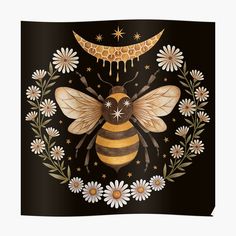 a painting of a bee surrounded by daisies and stars with the moon in the background