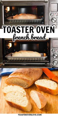 Shaped bread loaf baking in a convection oven and baked baguette sliced into pieces on a cutting board. Bread In A Toaster Oven, Baking In A Toaster Oven, Gluten Free Toaster Oven Recipes, Bake Bread In Oven, Baking In Toaster Oven, Cuisinart Airfryer Toaster Oven Recipes, Convection Oven Baking Recipes, Toaster Oven Dinner Recipes, Toaster Oven Baking Recipes