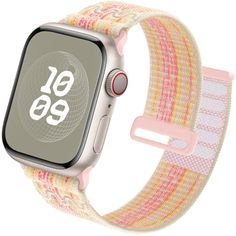 an apple watch with a colorful band on it's wrist and the time displayed