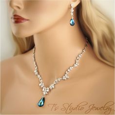 Peaock Bermuda Blue Aqua Teal CZ Bridal Necklace and Earring Set - from T's Studio Jewelry Quinceanera Necklace, Crystal Wedding Necklace, Pearl Chandelier Earrings, Beautiful Bridal Jewelry, Flower Girl Jewelry, Blue Crystal Necklace, Studio Jewelry, Pearl Jewelry Wedding, Wedding Accessories Jewelry