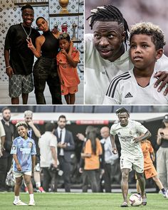 four different pictures of people playing soccer on the field and in front of an audience