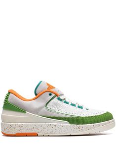 white/green/clay orange/light grey calf leather signature Air Jordan Wings logo contrasting panel detail round toe front lace-up fastening branded insole rubber sole These styles are supplied by a premium sneaker marketplace. Stocking only the most sought-after footwear, they source and curate some of the most hard to find sneakers from around the world. Modern Green Sneakers With Rubber Sole, Green Leather Sneakers With Speckled Midsole, Green Low-top Sneakers With Speckled Midsole, Modern White Sneakers With Speckled Midsole, Modern Orange Sneakers With Translucent Outsole, Modern Orange Sneakers With Contrast Sole, Air Jordan 2 Low, Jordan 2 Low, Clay Orange