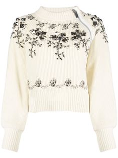 beige wool knitted construction stud detailing floral motif ribbed edge crew neck long sleeves straight hem Viva Forever, Crystal Embroidery, Knitted Suit, Floral Studs, Wool Jumper, Knit Fashion, Business Casual Outfits, Knitwear Women, Floral Motif